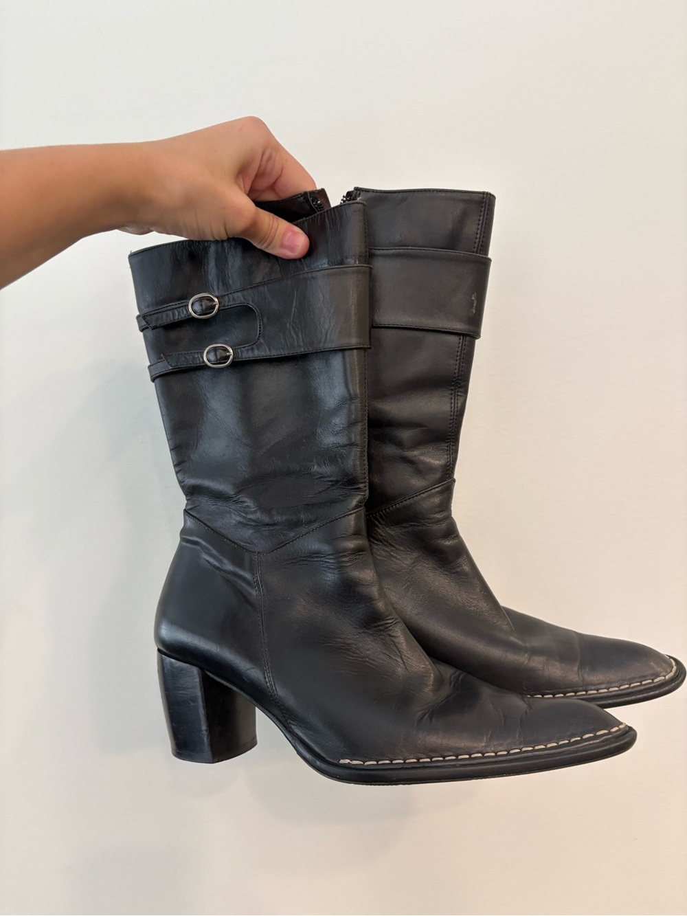 Paolo Italian Vintage Black Leather Mid-Calf Heeled Boots with Buckle Straps 7